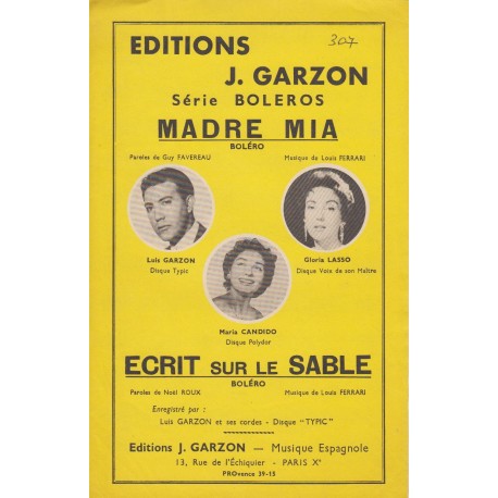 Spartito Music Sheet di `Madre Mia, Ecrit sur le sable,` - bolero,